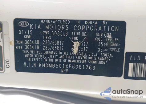 2015 Kia Sedona Lx z USA, uszkodzony, nr VIN KNDMB5C1XF6061763